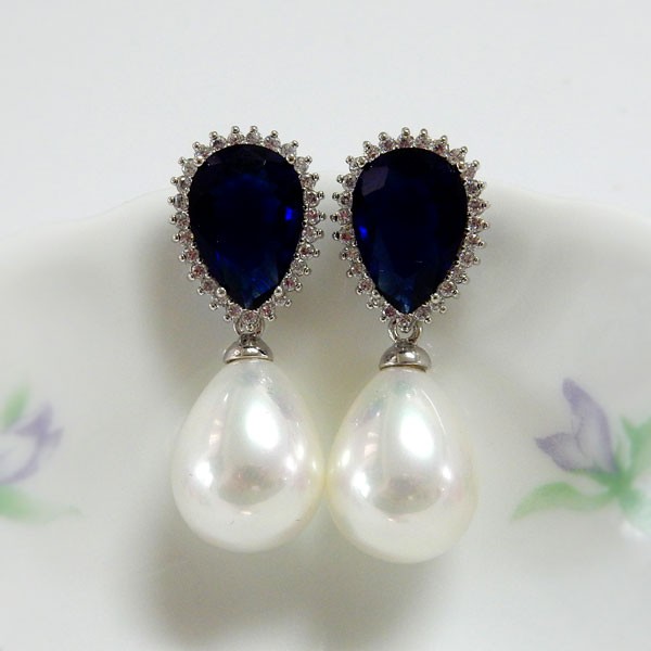 時尚藍寶色天然貝殼珍珠耳環